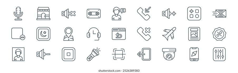 linear basic ui icon pack. vector thin line phone, store, mute, apps, communications, badge, scan, filter icons suitable for apps and websites ui designs