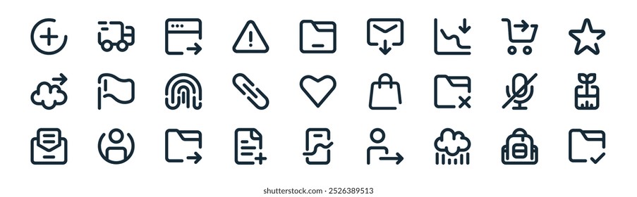 linear basic ui icon pack. vector thin line backpack, truck, page, shopping, network, plant, smartphone, folder icons suitable for apps and websites ui designs