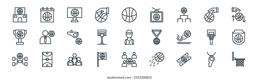 linear basketball icon pack. vector thin line whistle, schdule, broadcast, bounce, basketball hoop, team, basketball player, hoop icons suitable for apps and websites ui designs