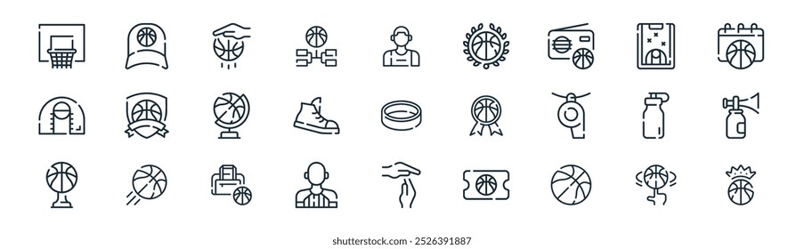 linear basketball icon pack. vector thin line trick, cap, dribble, strategy, sneakers, horn, time out, champion icons suitable for apps and websites ui designs