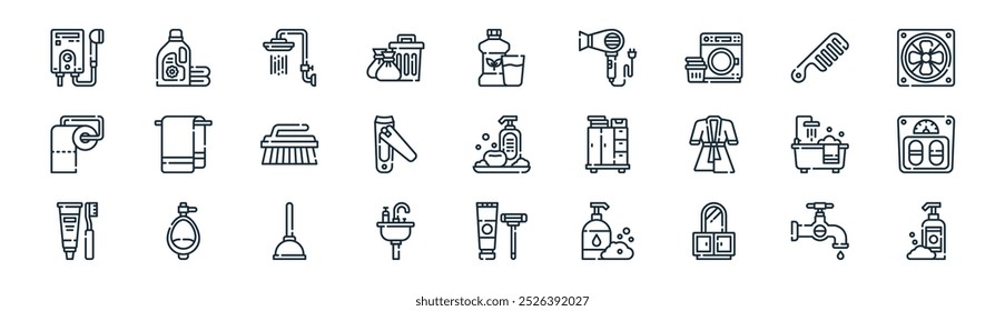 linear bathroom icon pack. vector thin line faucet, detergent, water, comb, nail clipper, weight scale, shaving, soap icons suitable for apps and websites ui designs