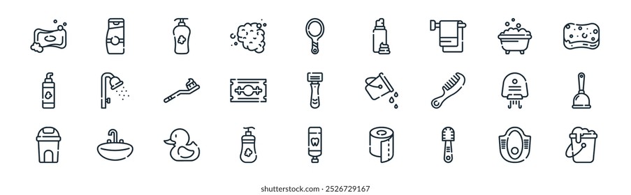 linear bathroom icon pack. vector thin line wc, shampoo, soap bottle, bathtub, razor blade, plunger, tooth paste, bucket icons suitable for apps and websites ui designs