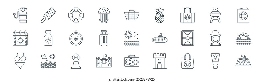 linear beach activity icon pack. vector thin line body lotion, candy stick, life saver,  , suitcase, sun, radio tape, swimming pool icons suitable for apps and websites ui designs
