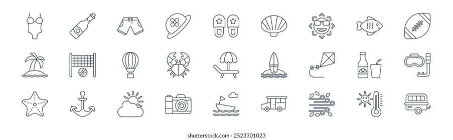 linear beach activity icon pack. vector thin line thermometer, wine bottle, pant, fish, crab, scuba, boat, camper van icons suitable for apps and websites ui designs