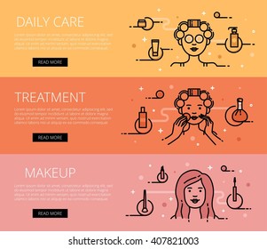 Linear beauty and health web banners vector set. Line daily care stuff, skin treatment and cosmetics. Design set of graphic outline banners illustration
