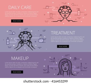 Linear beauty and health web banners vector set. Line daily care stuff, skin treatment and cosmetics. Design set of graphic outline banners illustration