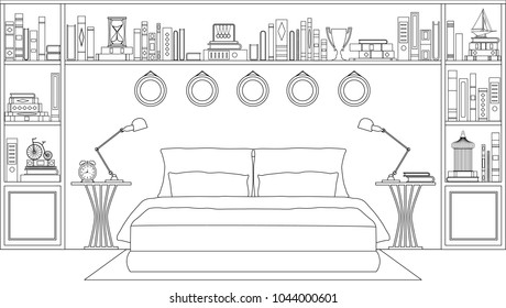 Linear bedroom. Vector illustration. Sketch of a bedroom with furniture racks and books.