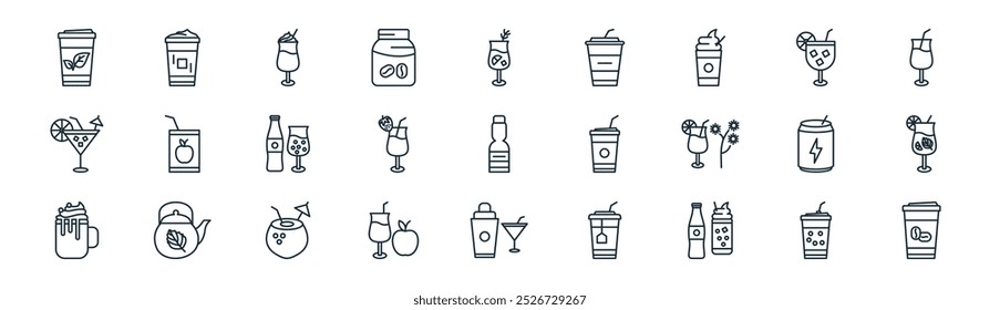 linear beverages icon pack. vector thin line bubble tea, cappuccino, latte chiato, margarita, strawberry milk, mojito, cocktail shaker, coffee cup icons suitable for apps and websites ui designs