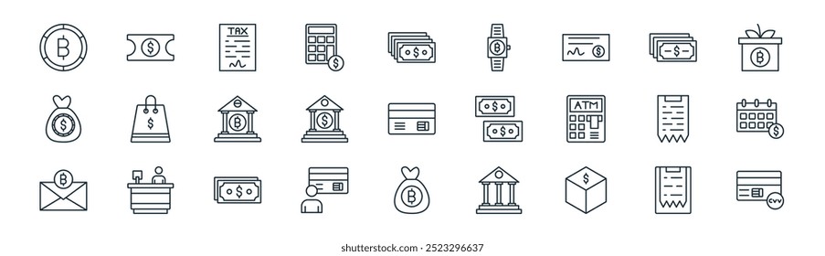 linear bill and payment icon pack. vector thin line clipboard, ticket, taxes, cash, banking, calendar, money bag, pin code icons suitable for apps and websites ui designs