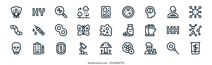 linear biology icon pack. vector thin line fertilization, chromosome, dna, human body, butterfly, molecule, fungus, biology icons suitable for apps and websites ui designs