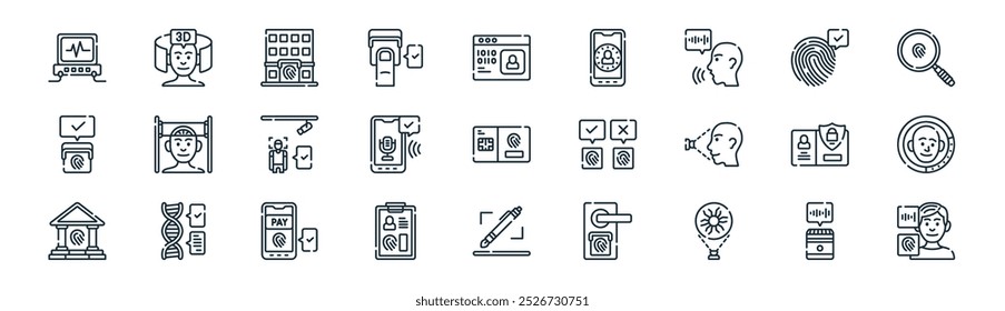 Icon-Paket für lineare Biometrie. Vektor dünne Linie Sprachbefehl, Gesichtserkennung, Gebäude, Fingerabdruck, Spracherkennung, Gesichtsaufnahme, Handschrift, Kundensymbole geeignet für Apps und Websites