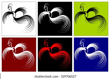 Linear bird silhouette flying with spread wings and tail in white and black on different backgrounds: white, black, red, blue, green. Graphic image, vector illustration.