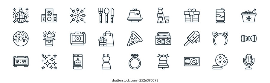 linear birthday icon pack. vector thin line cookies, speaker, firework, soda can, gift bag, bow tie, diamond ring, microphone icons suitable for apps and websites ui designs