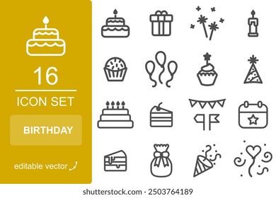 Linear birthday icon set for graphic design, creativity, party, celebration, anniversary commemoration resources. Cake, pastries, gift, ballons, candle, calendar, flags. Editable stroke EPS vector.