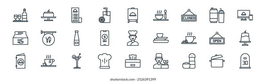 linear bistro and restaurant icon pack. vector thin line pot, dessert, bill, soft drink, payment method, pudding, tissue box, number icons suitable for apps and websites ui designs