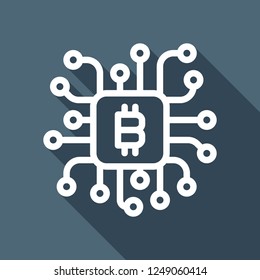 Linear bitcoin chip icon. Processor for farming. White flat icon with long shadow on blue background