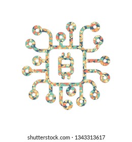 Linear bitcoin chip icon. Processor for farming. Colored mosaic with polygons