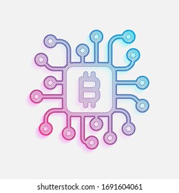 Linear bitcoin chip icon. Processor for farming. Colored logo with diagonal lines and blue-red gradient. Neon graphic, light effect