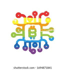 Linear bitcoin chip icon. Processor for farming. Drawing sign with LGBT style, seven colors of rainbow (red, orange, yellow, green, blue, indigo, violet