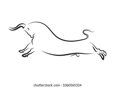 A linear black bouncing bull on an isolated white background. It is based on a fresco from the Knossos palace of ancient Greece.