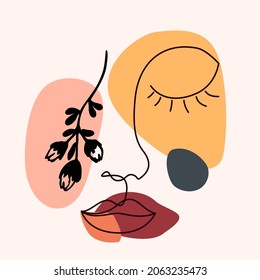 Linear black face contour and botanical element in black ink, flowing shapes. Female portrait on pastel background for cards, poster, wall art.  Modern trendy vector illustration.