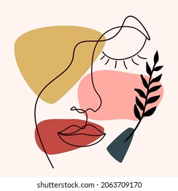 Linear black face contour and botanical element in black ink, flowing shapes. Female portrait on pastel background for cards, poster, wall art.  Modern trendy vector illustration.