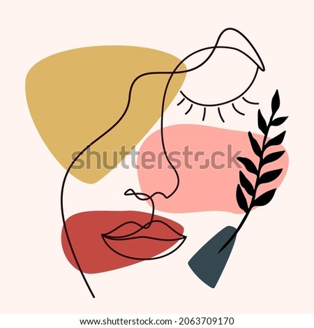 Linear black face contour and botanical element in black ink, flowing shapes. Female portrait on pastel background for cards, poster, wall art.  Modern trendy vector illustration.