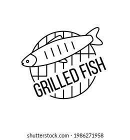 lineares, schwarz gegrilltes Fischzeichen. schlichter linearer Stil für die Dekoration der Speisekarte eines Cafés, Restaurants, Fischabteilung in einem Laden. schwarz-lineares Zeichen auf weißem Hintergrund