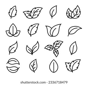 Linear black icons leaves and branches set