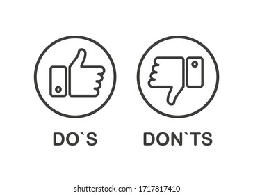 linear black icons on white background. Do`s and Don`ts. Thumbs up and thumbs down. Vector illustration