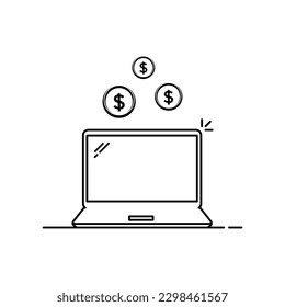 linear black laptop with fallen coins. flat stroke trend modern simple logotype graphic art design isolated on white background. concept of earning money online or winnings at the casino or lottery