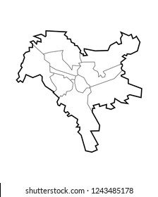 Linear black map of the Kyiv, the capital of Ukraine with districts on white background. Outlines. Vector illustration