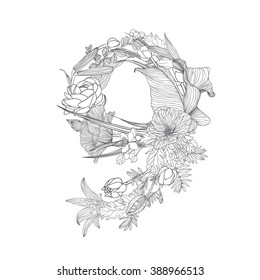Linear black on white floral numeral figure 9