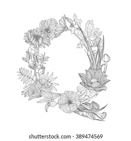 Linear black on white Floral alphabet. Letter Q