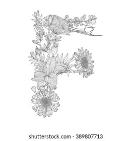 Linear black on white Floral alphabet. Letter F