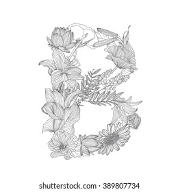 Linear black on white Floral alphabet. Letter B