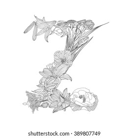 Linear black on white Floral alphabet. Letter Z