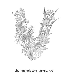 Linear black on white Floral alphabet. Letter V