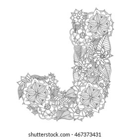 Linear black on white Floral alphabet.Vector illustration