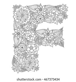 Linear black on white Floral alphabet.Vector illustration