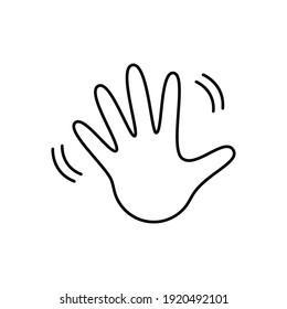 linear black palm icon. concept of friendly invitation, wave hand hallo, greeting verbal signal, funny comic salute message, howdy. simple modern object for social media, app, chat or print