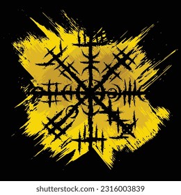 Linear black Scandinavian viking vegvisir symbol isolated on golden grunge brush lines and black background