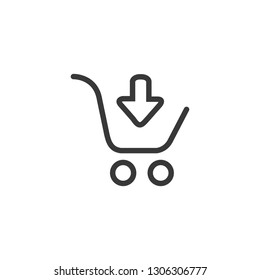 Linear black shopping cart with black down arrow sign. Simple icon isolated on white background. Store trolley. Flat vector Illustration. Good for web and mobile design.