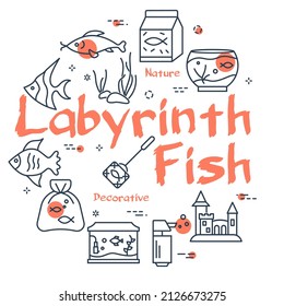 Linear black symbols for fish life and nature. Aquarium linear black vector icon isolated on beige. Fishbowl linear symbol with black design elements for water life. Fish labyrinth flat vectors