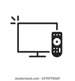 linear black tv icon with remote control. simple outline graphic trend modern abstract design logotype element isolated on white. concept of easy management of home appliances from short distance