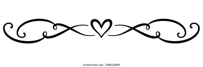 Linear black vector drawing for holidays, Valentine's day, March 8, birthday, mother day. Separator for text with curves and wavy lines with heart in center. Romantic pattern for greeting product