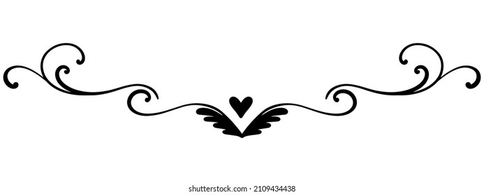 Linear black vector drawing for holidays, Valentine's day, March 8, birthday, mother day. Separator for text with rounded and wavy lines, and heart at the center. Romantic pattern for greeting product