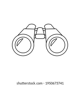 Linear black white binocular icon. Can be used as a sticker, symbol or sign. Simple stock vector illustration isolated on white background. Outline binoculars for hiking, traveling and watching.