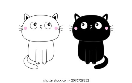 Linear black   white cat silhouette set  Contour line  Cute cartoon sitting kitty character  Kawaii animal  Funny baby kitten  Sad face  Love Greeting card  Flat design  Isolated Vector illustration
