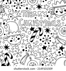 Linear black and white Christmas pattern with elves, candy canes, snowflakes and stars in doodle style.